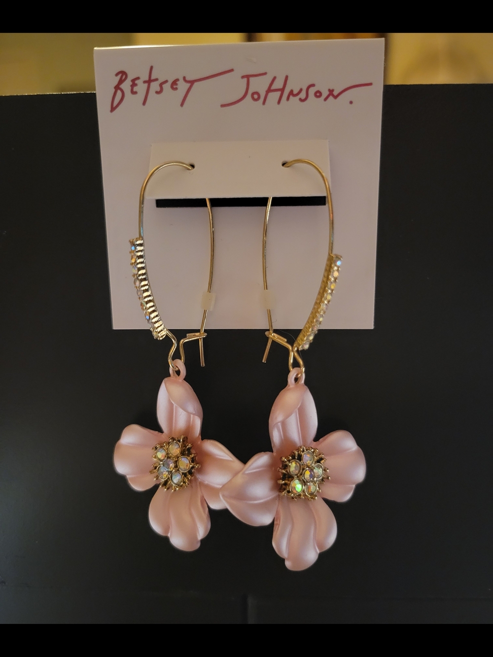 Betsey Johnson Gold-Tone and Pink Flower Drop Earrings